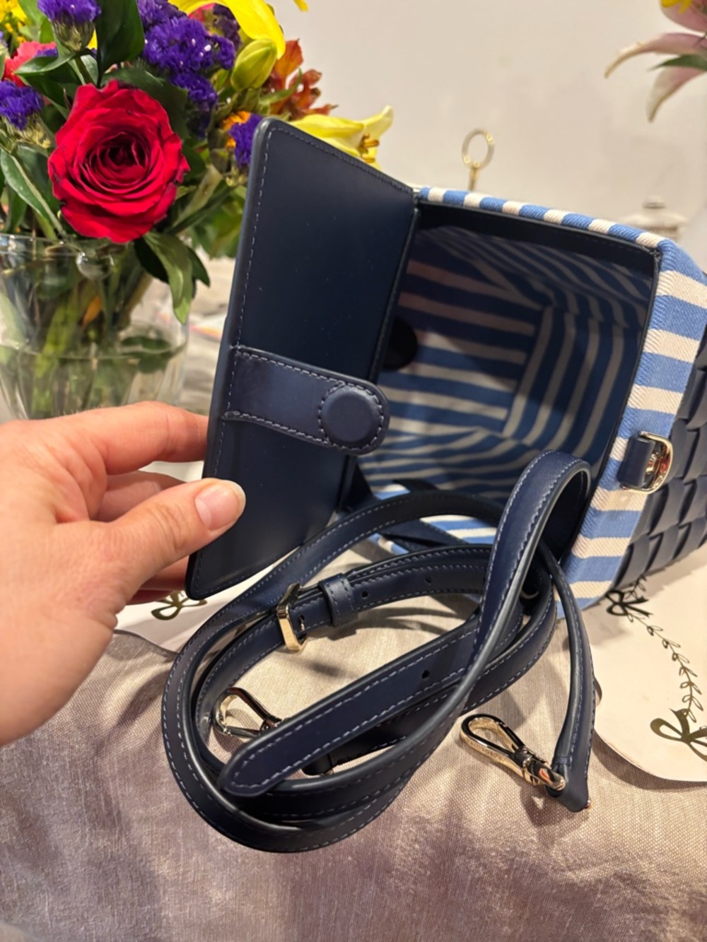 kate spade Navy Woven Picnic Basket Bag with Blue Stripes - Picture 7 of 12